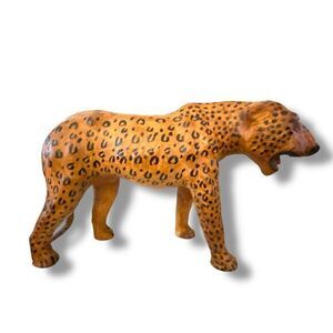 Vintage Leather Wrapped Leopard Cheetah Cat Glass Eyes 16”L  x 10” Shelf Style